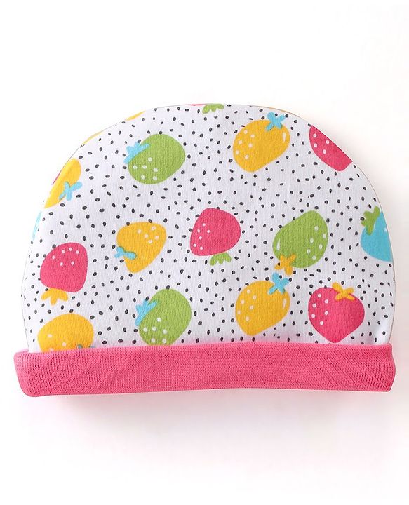 Babyhug 100% Cotton Interlock Knit Cap Mitten & Booties Strawberry Print - Pink & White