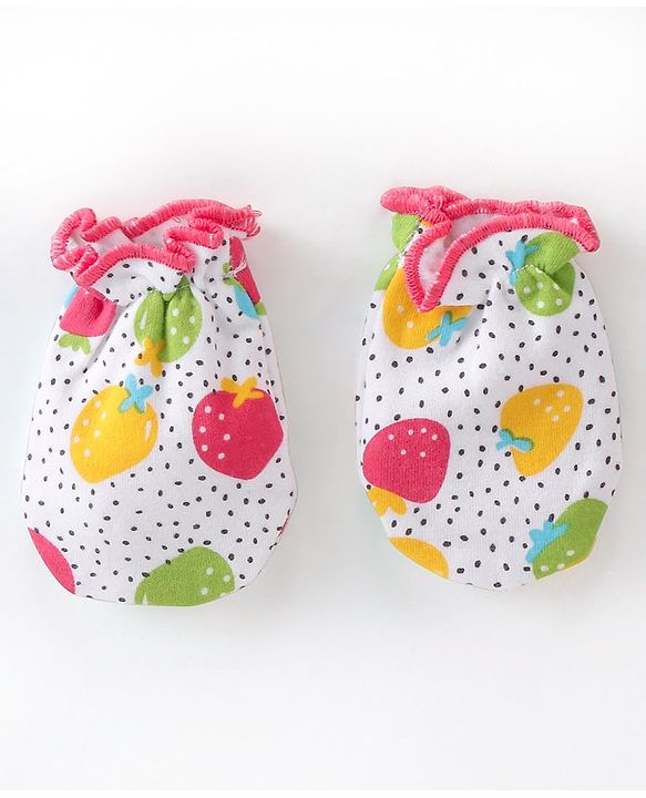 Babyhug 100% Cotton Interlock Knit Cap Mitten & Booties Strawberry Print - Pink & White