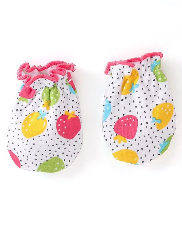 Babyhug 100% Cotton Interlock Knit Cap Mitten & Booties Strawberry Print - Pink & White