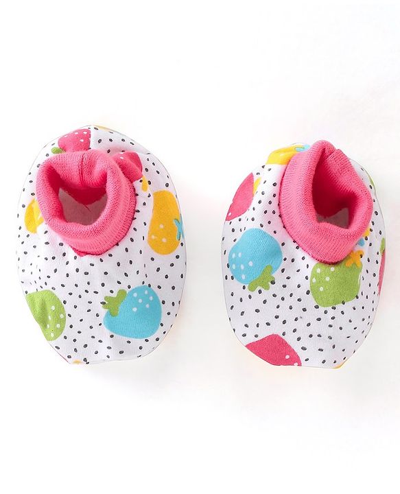 Babyhug 100% Cotton Interlock Knit Cap Mitten & Booties Strawberry Print - Pink & White