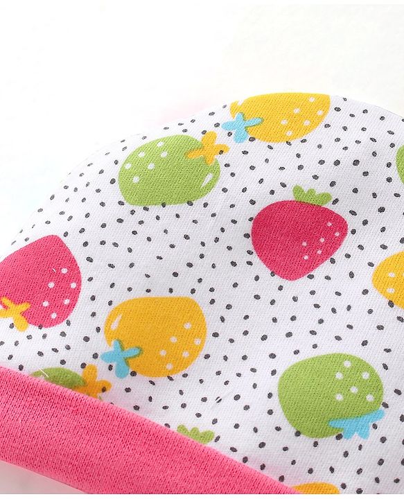 Babyhug 100% Cotton Interlock Knit Cap Mitten & Booties Strawberry Print - Pink & White