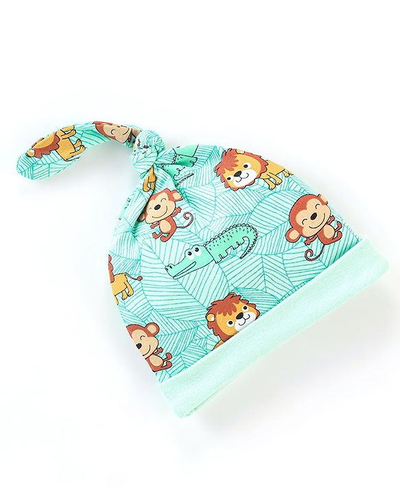 Babyhug 100% Cotton Knit Cap Animal Print- Green