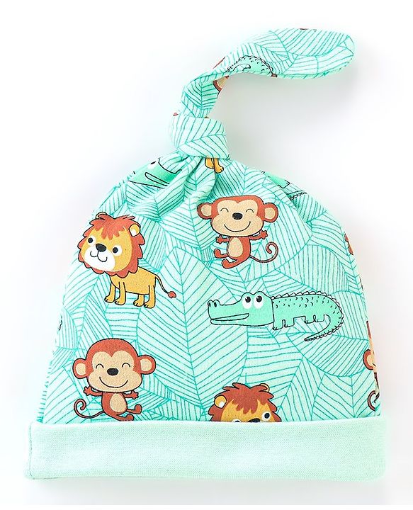 Babyhug 100% Cotton Knit Cap Animal Print- Green