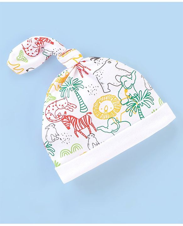 Babyhug 100% Cotton Knit Cap Animal Print- White