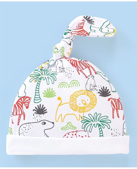 Babyhug 100% Cotton Knit Cap Animal Print- White