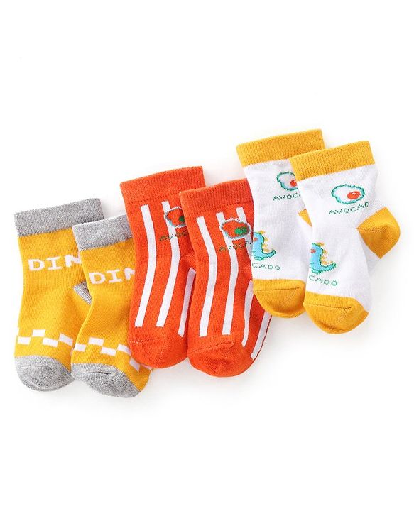 Cute Walk by Babyhug Anti Bacterial Ankle Length Non Terry Socks Avocado Design Pack of 3  - Yellow & Orange