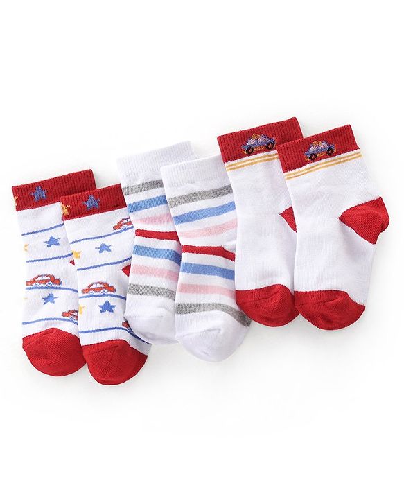 Cutewalk By Babyhug Anti Bacterial Ankle Length Socks Cars Print Pack Of 3 - White & Red