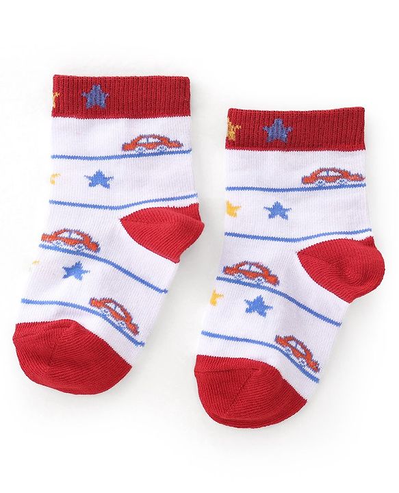 Cutewalk By Babyhug Anti Bacterial Ankle Length Socks Cars Print Pack Of 3 - White & Red