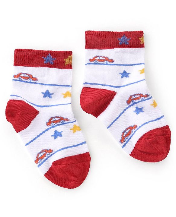 Cutewalk By Babyhug Anti Bacterial Ankle Length Socks Cars Print Pack Of 3 - White & Red