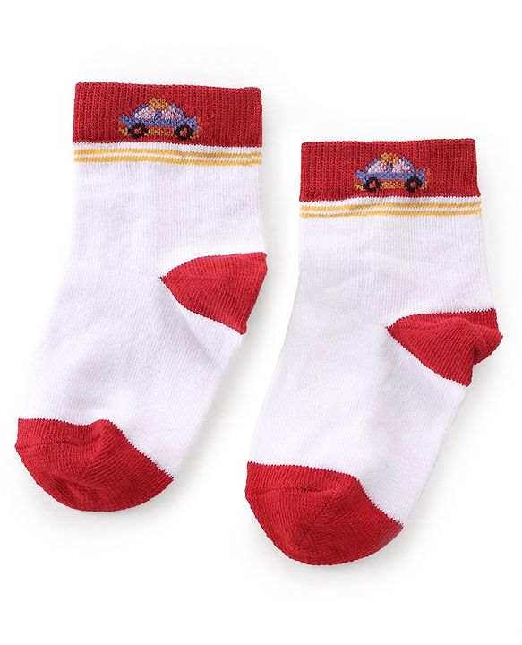 Cutewalk By Babyhug Anti Bacterial Ankle Length Socks Cars Print Pack Of 3 - White & Red