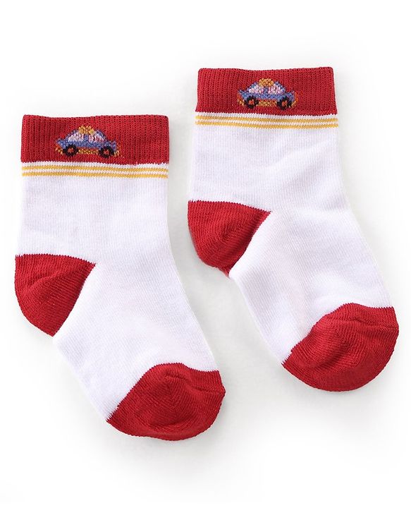 Cutewalk By Babyhug Anti Bacterial Ankle Length Socks Cars Print Pack Of 3 - White & Red