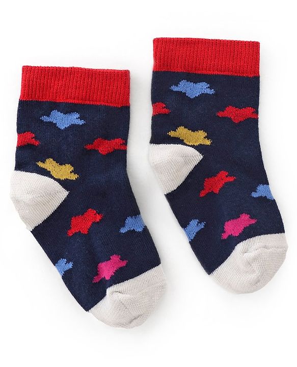 Cutewalk By Babyhug Anti Bacterial Ankle Length Socks Teddy Print Pack Of 3 - White & Blue