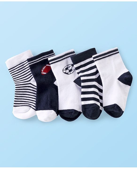 Cute Walk by Babyhug Anti Bacterial Ankle Length Socks Striped Pack Of 5 - White Black & Grey