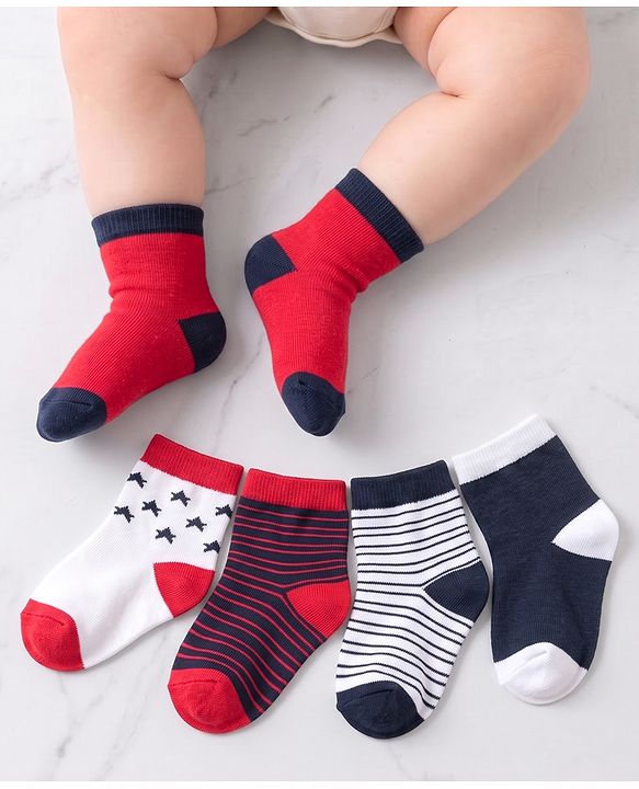 Cutewalk By Babyhug Anti Bacterial Ankle Length Socks Striped & Star Print Pack Of 5 - Red Blue & White