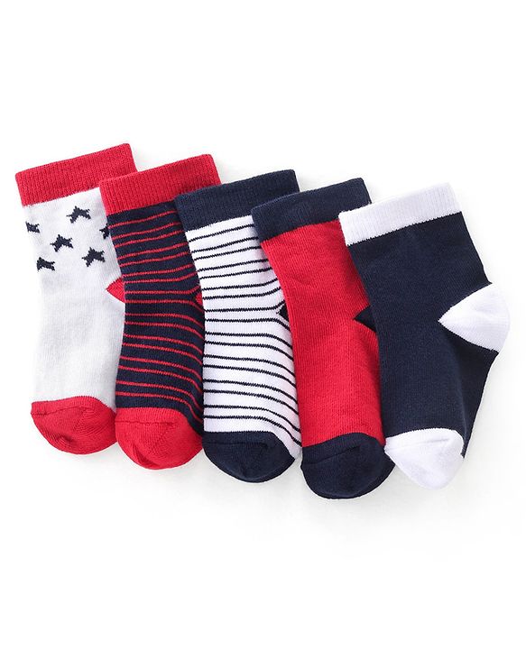 Cutewalk By Babyhug Anti Bacterial Ankle Length Socks Striped & Star Print Pack Of 5 - Red Blue & White