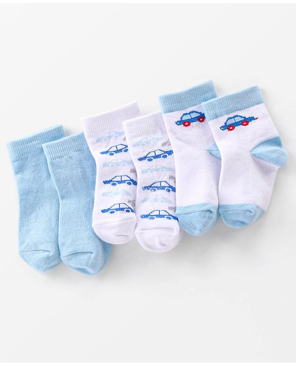 Cutewalk By Babyhug Anti-Bacterial Ankle Length Socks Cars Print Pack Of 3 - Blue & White