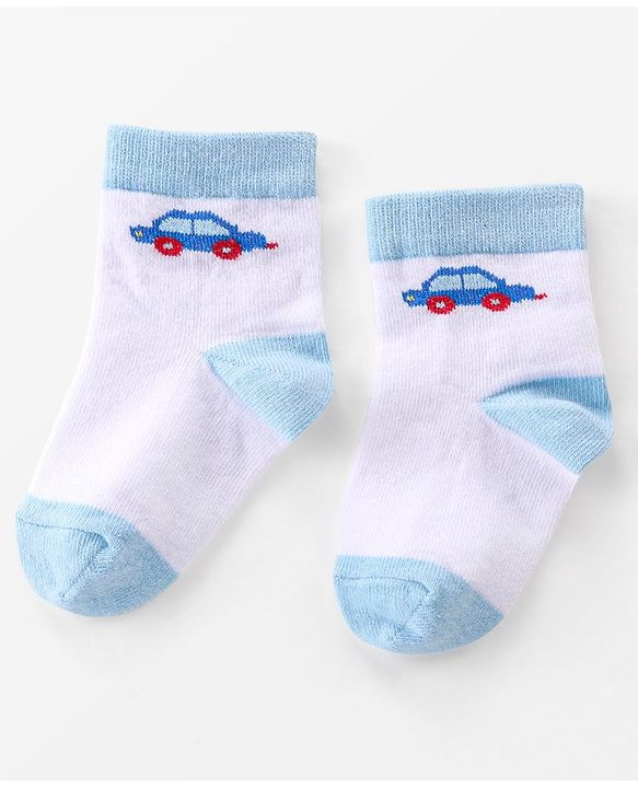 Cutewalk By Babyhug Anti-Bacterial Ankle Length Socks Cars Print Pack Of 3 - Blue & White