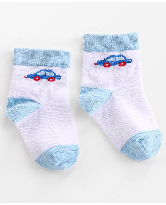 Cutewalk By Babyhug Anti-Bacterial Ankle Length Socks Cars Print Pack Of 3 - Blue & White