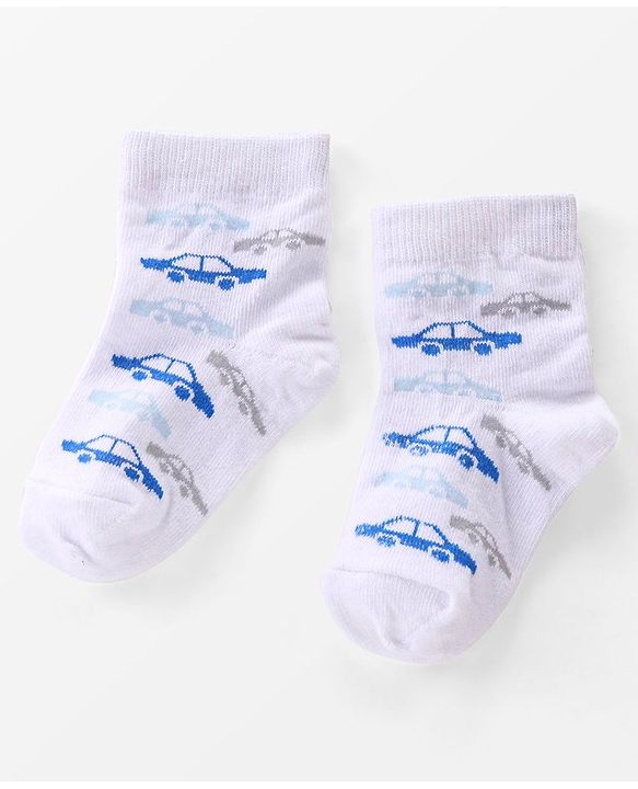 Cutewalk By Babyhug Anti-Bacterial Ankle Length Socks Cars Print Pack Of 3 - Blue & White