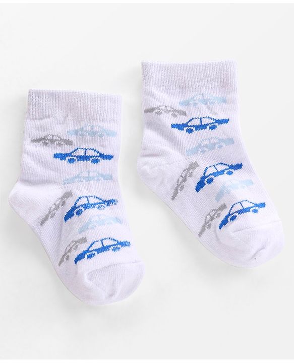 Cutewalk By Babyhug Anti-Bacterial Ankle Length Socks Cars Print Pack Of 3 - Blue & White