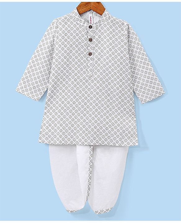 Babyhug Cotton Printed Full Sleeves Kurta with Dhoti Set - White