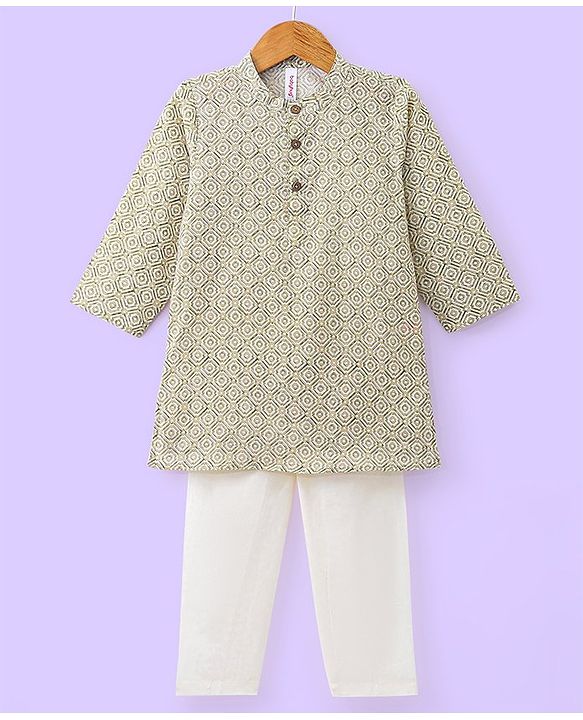 Babyhug Cotton Woven Full Sleeves All Over Print Kurta and Pajama Set - Off White