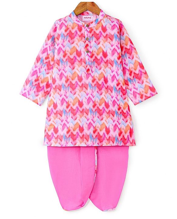 Babyhug Woven Full Sleeves Chevron Printed Kurta & Dhoti Set - Pink
