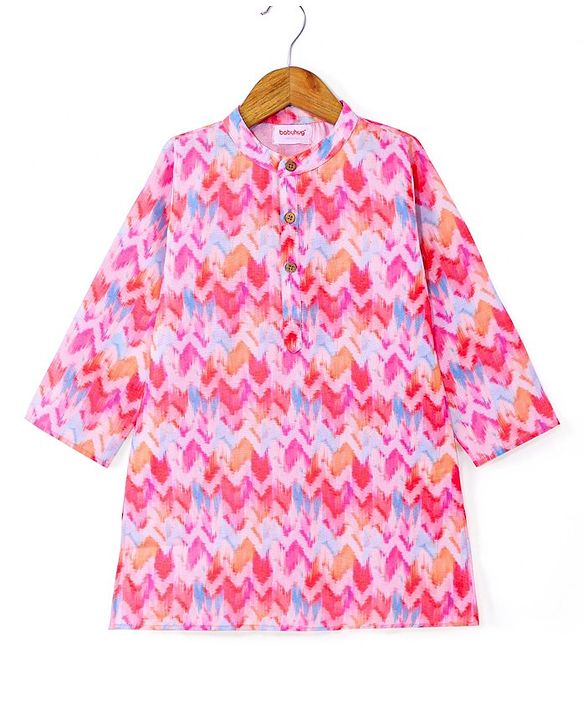 Babyhug Woven Full Sleeves Chevron Printed Kurta & Dhoti Set - Pink
