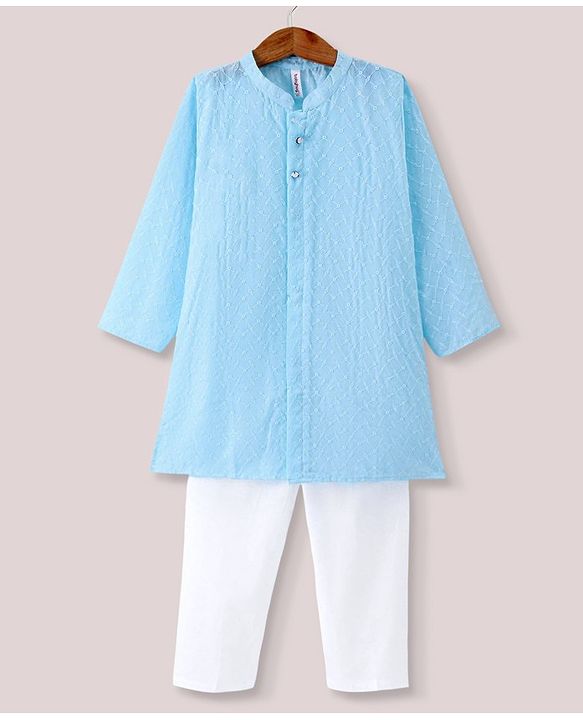 Babyhug 100% Cotton Woven Full Sleeves Chikankari Kurta Pyjama Set  -Blue