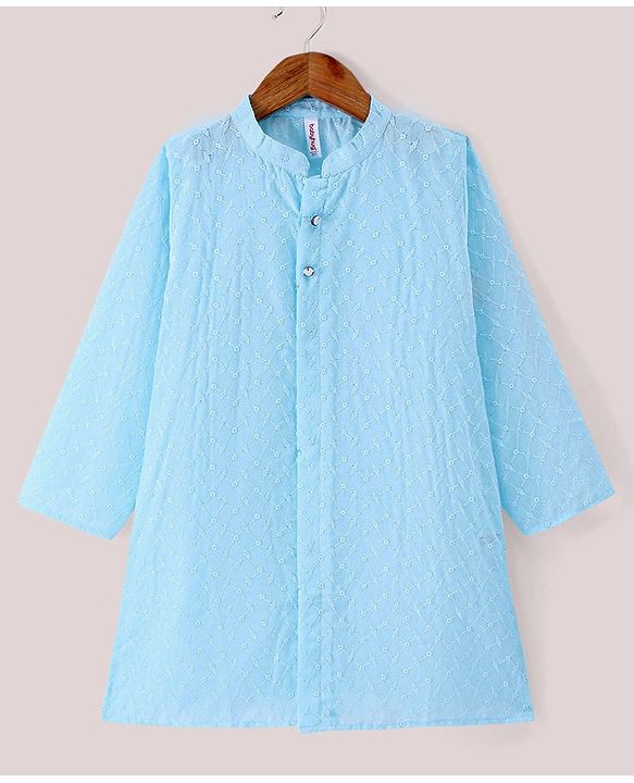 Babyhug 100% Cotton Woven Full Sleeves Chikankari Kurta Pyjama Set  -Blue