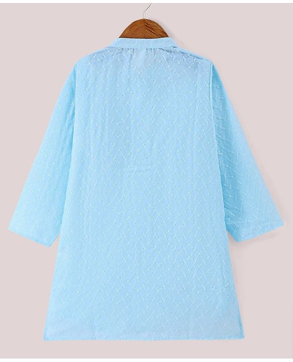 Babyhug 100% Cotton Woven Full Sleeves Chikankari Kurta Pyjama Set  -Blue
