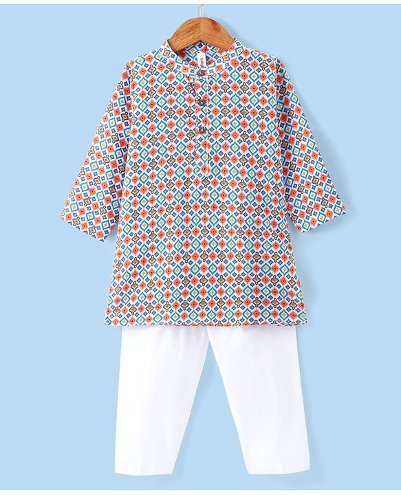Babyhug 100% Cotton Full Sleeves Square Print Kurta & Pajama Set- Multicolour