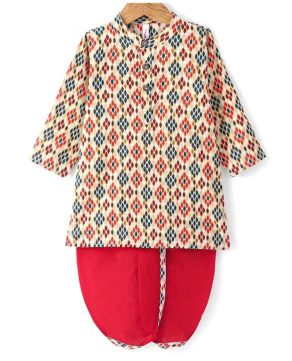 Babyhug Cotton Full SLeeves Lurex Printed Dhoti Kurta Set - Multicolour