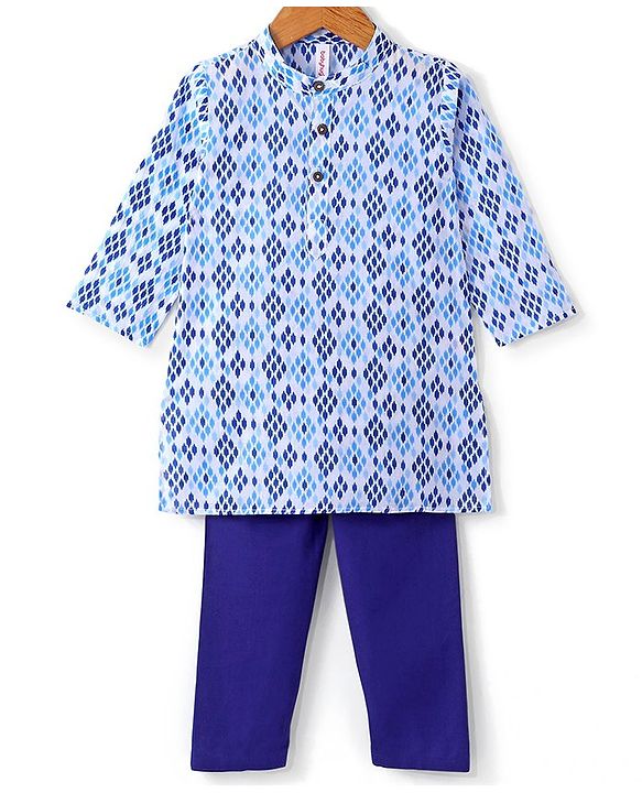 Babyhug Cotton Full Sleeves Lurex Printed Kurta Pyjama Set - Blue
