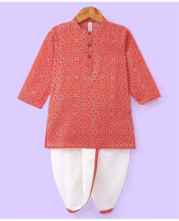 Babyhug Cotton Lurex Woven Full Sleeves All  Over Printed Kurta and Dhoti Set - Red