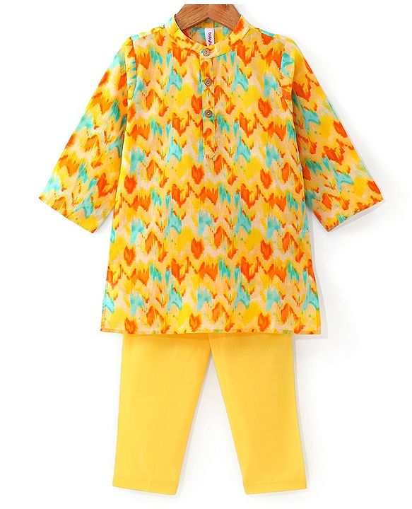 Babyhug 100% Cotton Lurex Full Sleeves Printed Kurta Pyjama Set - Yellow