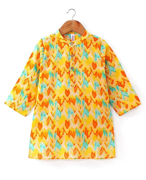 Babyhug 100% Cotton Lurex Full Sleeves Printed Kurta Pyjama Set - Yellow