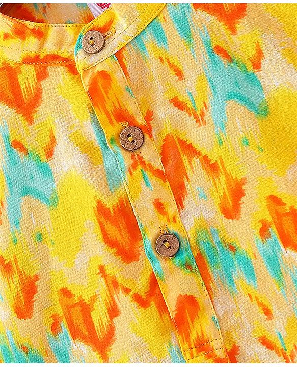 Babyhug 100% Cotton Lurex Full Sleeves Printed Kurta Pyjama Set - Yellow