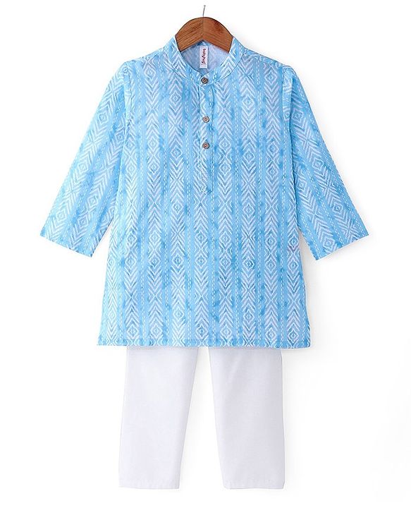 Babyhug 100% Cotton Woven Full Sleeves Kurta Pyjama Set Digital Print- Blue