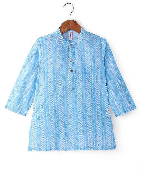 Babyhug 100% Cotton Woven Full Sleeves Kurta Pyjama Set Digital Print- Blue