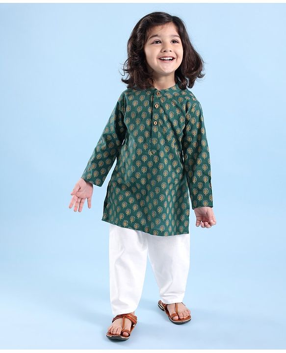 Babyhug 100% Cotton Woven Full Sleeves Kurta Pyjama Set Digital Floral Print - Green