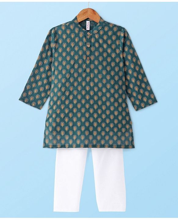 Babyhug 100% Cotton Woven Full Sleeves Kurta Pyjama Set Digital Floral Print - Green