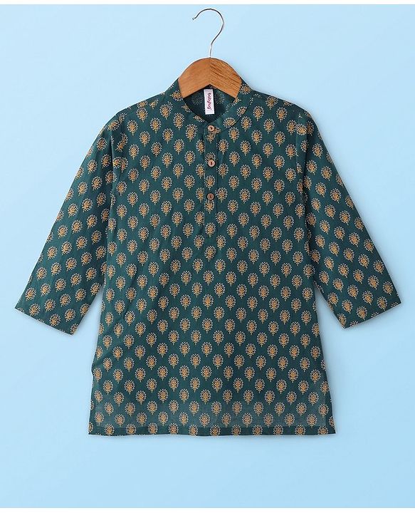 Babyhug 100% Cotton Woven Full Sleeves Kurta Pyjama Set Digital Floral Print - Green