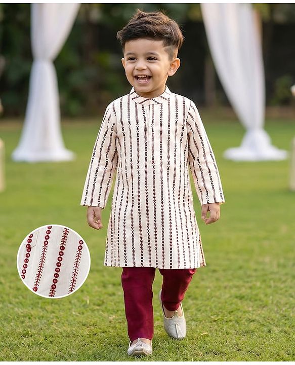 Babyhug Full Sleeve Self Embroidered Ith Sequenced Kurta With Pyjama Set - White & Maroon.