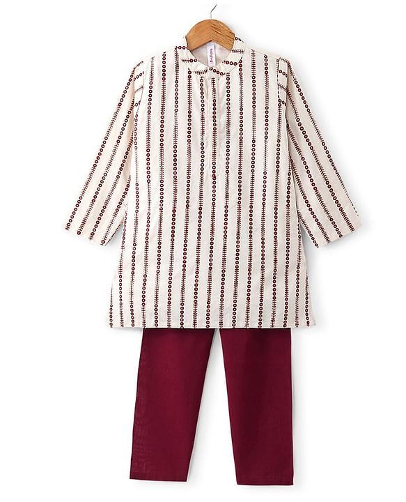 Babyhug Full Sleeve Self Embroidered Ith Sequenced Kurta With Pyjama Set - White & Maroon.