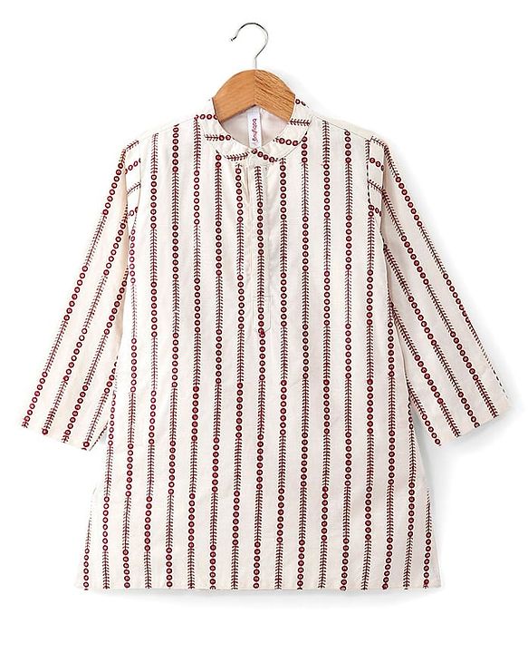 Babyhug Full Sleeve Self Embroidered Ith Sequenced Kurta With Pyjama Set - White & Maroon.
