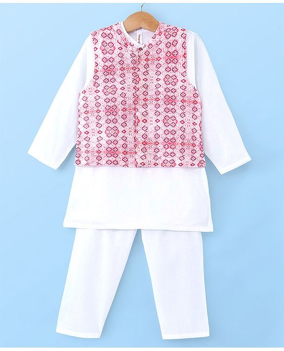 Babyhug 100% Cotton Knit Full Sleeves Kurta Pyjama Set with Printed Waistcoat - Pink & White