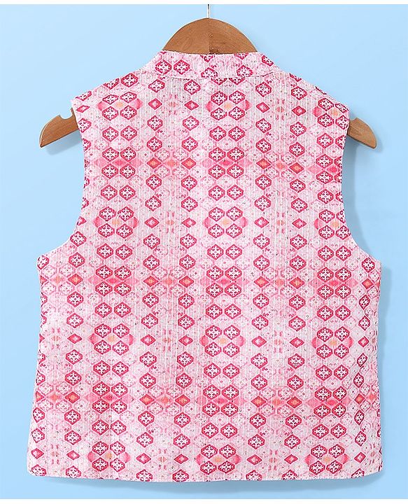 Babyhug 100% Cotton Knit Full Sleeves Kurta Pyjama Set with Printed Waistcoat - Pink & White