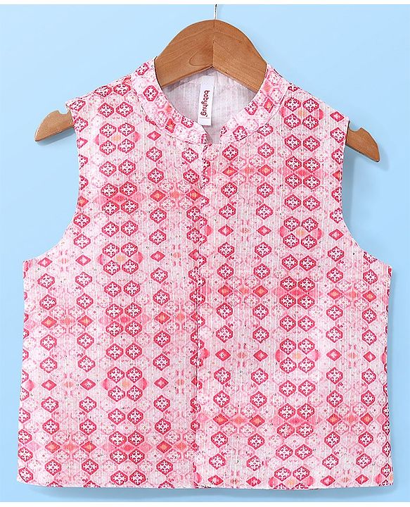 Babyhug 100% Cotton Knit Full Sleeves Kurta Pyjama Set with Printed Waistcoat - Pink & White