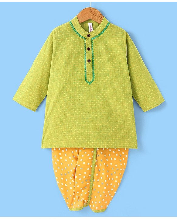 Babyhug Cotton Woven Full Sleeves Dobby Embroidery Kurta & Dhoti Set - Lime Green